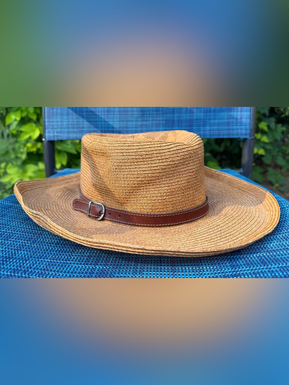 Eric Javits Tan Straw Fedora with Brown Leather Band